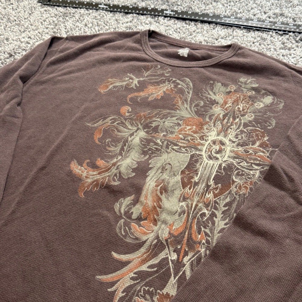 Y2K J. Ferrar Thermal Shirt Mens Brown Excellent Graphic Cross Waffle 2XLT
